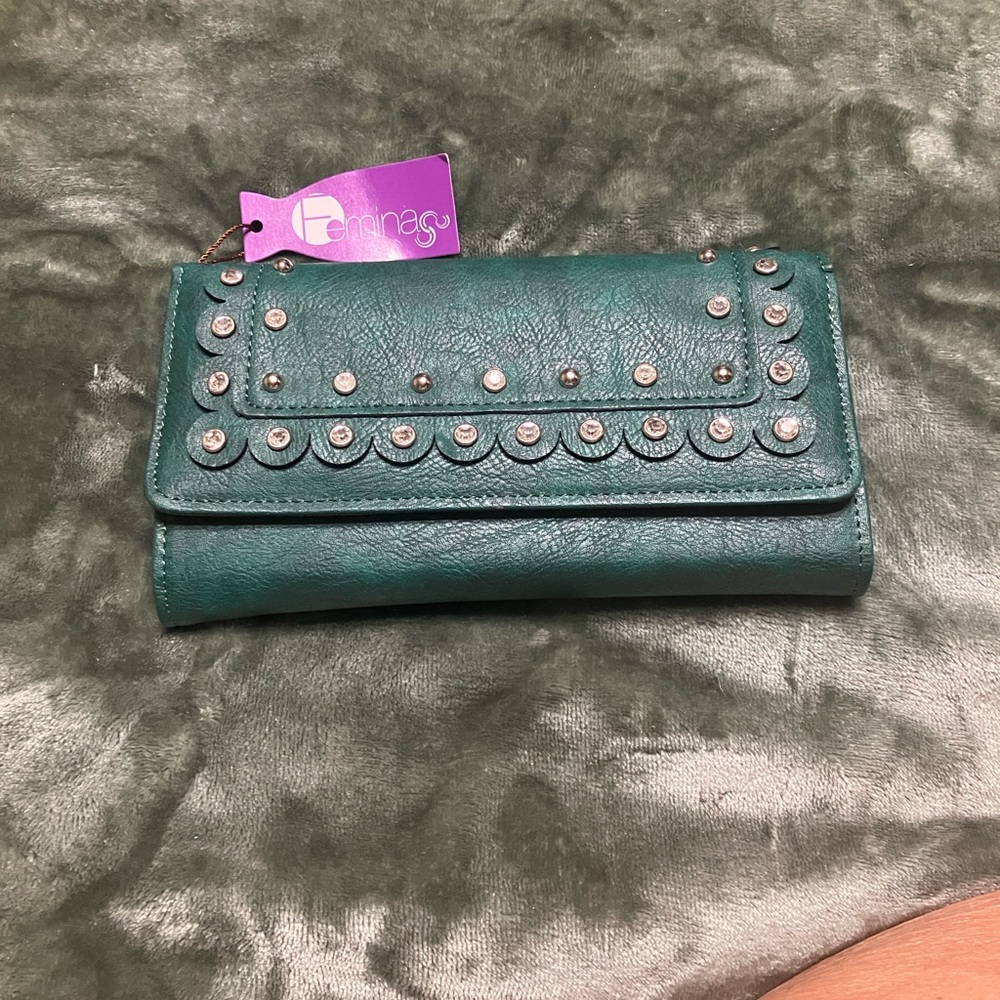Forest green Studded Leather Fold-Over Wallet with rhinestones